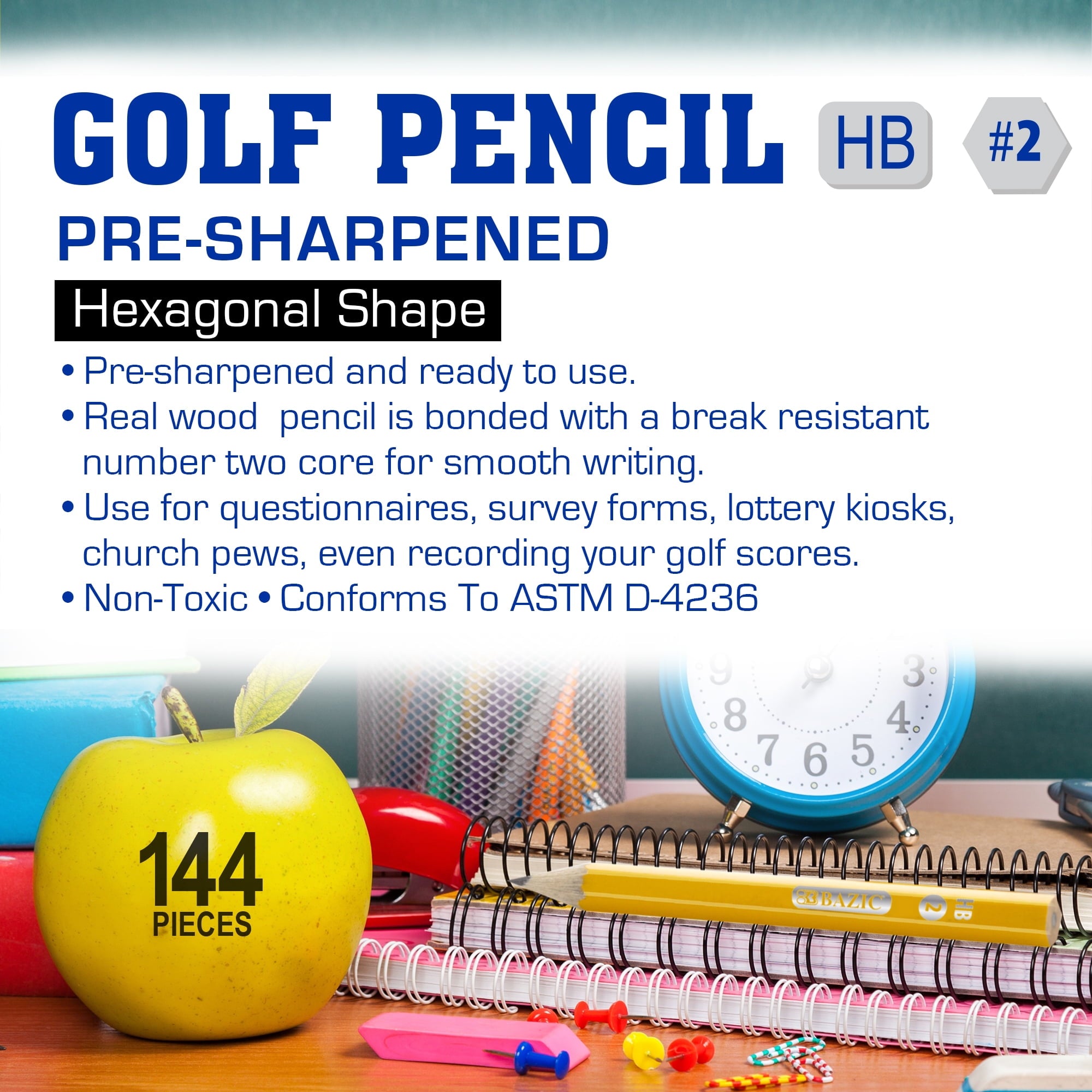 BAZIC Golf Pencil Yellow Pre-Sharpened Pencils #2 HB Mini Pencils (144/Pack), 4-Packs