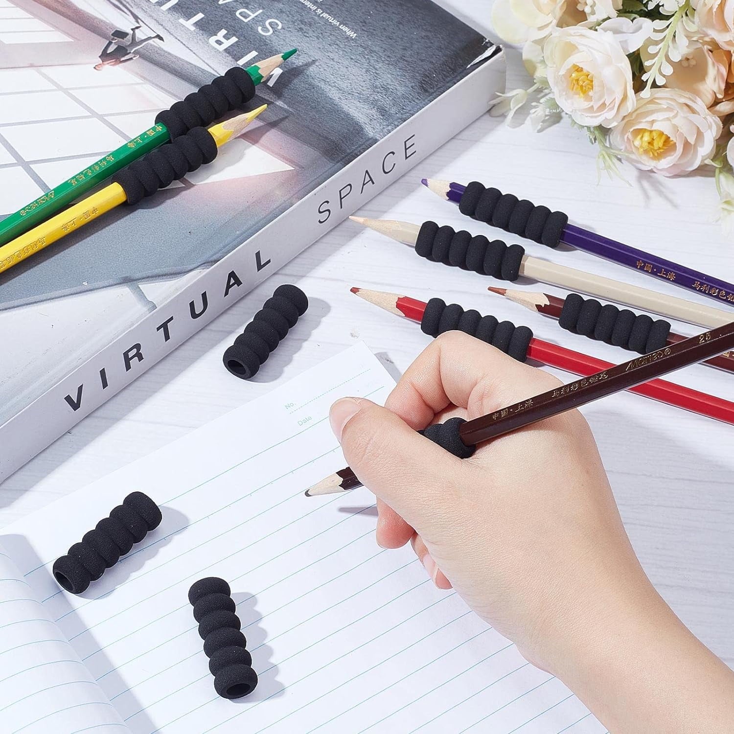 60PCS Foam Pencil Holder Grips Black Pen Grippers Pencil Cushion Pen Holder Sponge Grips Painting Drawing for Adults Arthritis Writing Relieving Fingers Fatigue