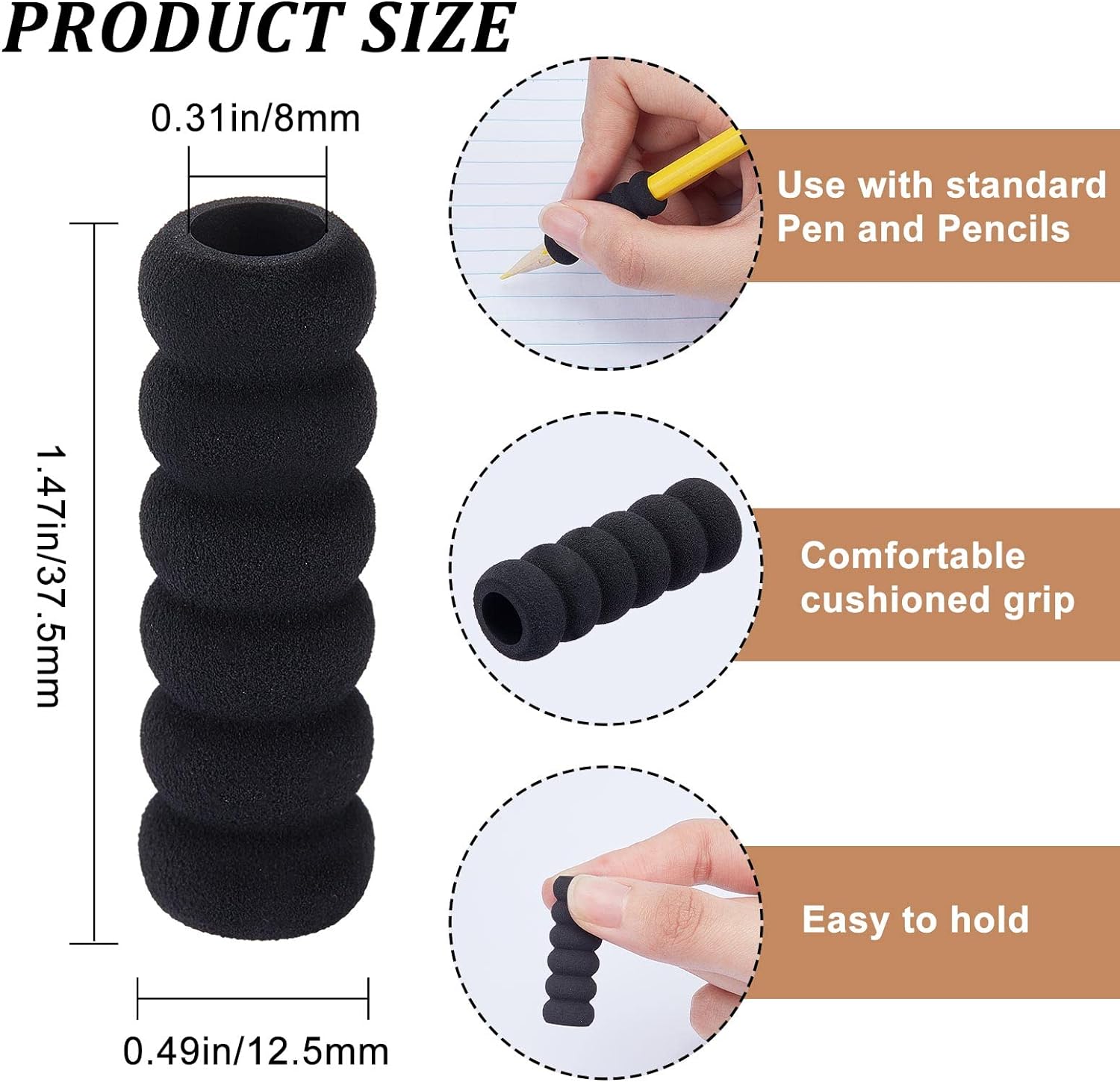 60PCS Foam Pencil Holder Grips Black Pen Grippers Pencil Cushion Pen Holder Sponge Grips Painting Drawing for Adults Arthritis Writing Relieving Fingers Fatigue