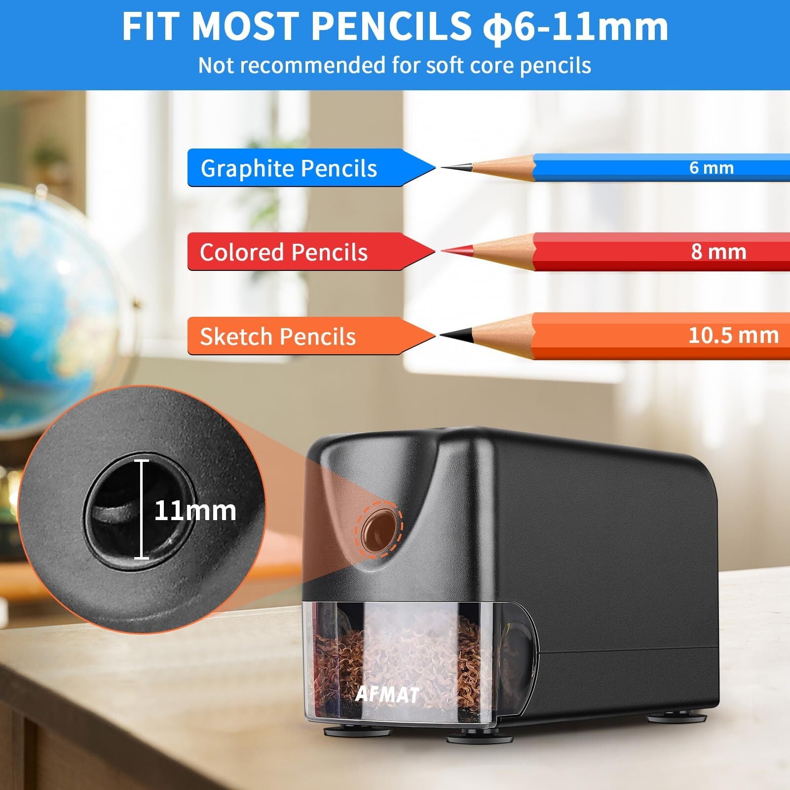 AFMAT Heavy Duty Electric Pencil Sharpener, Classroom Pencil Sharpeners for 6-11mm No.2/Colored Pencils, Pencil Sharpener for Large Pencils, Auto Stop,Sharp Point, Save Pencils,Teachers Must Have,New