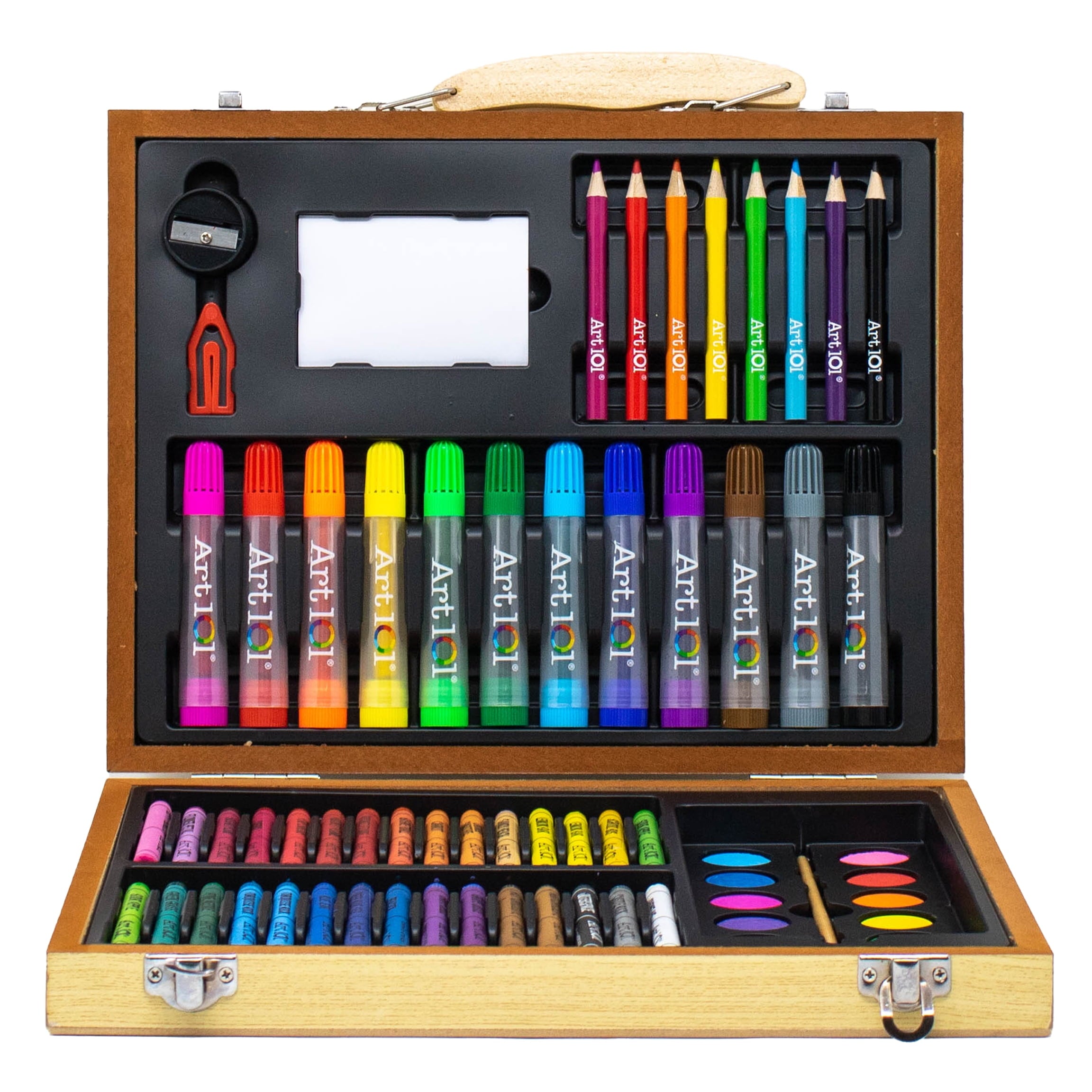 Art 101 Budding Artist 78 Piece Creative Colorable Wood Art Set, Colored Pencils, Watercolors, Markers, & Crayons