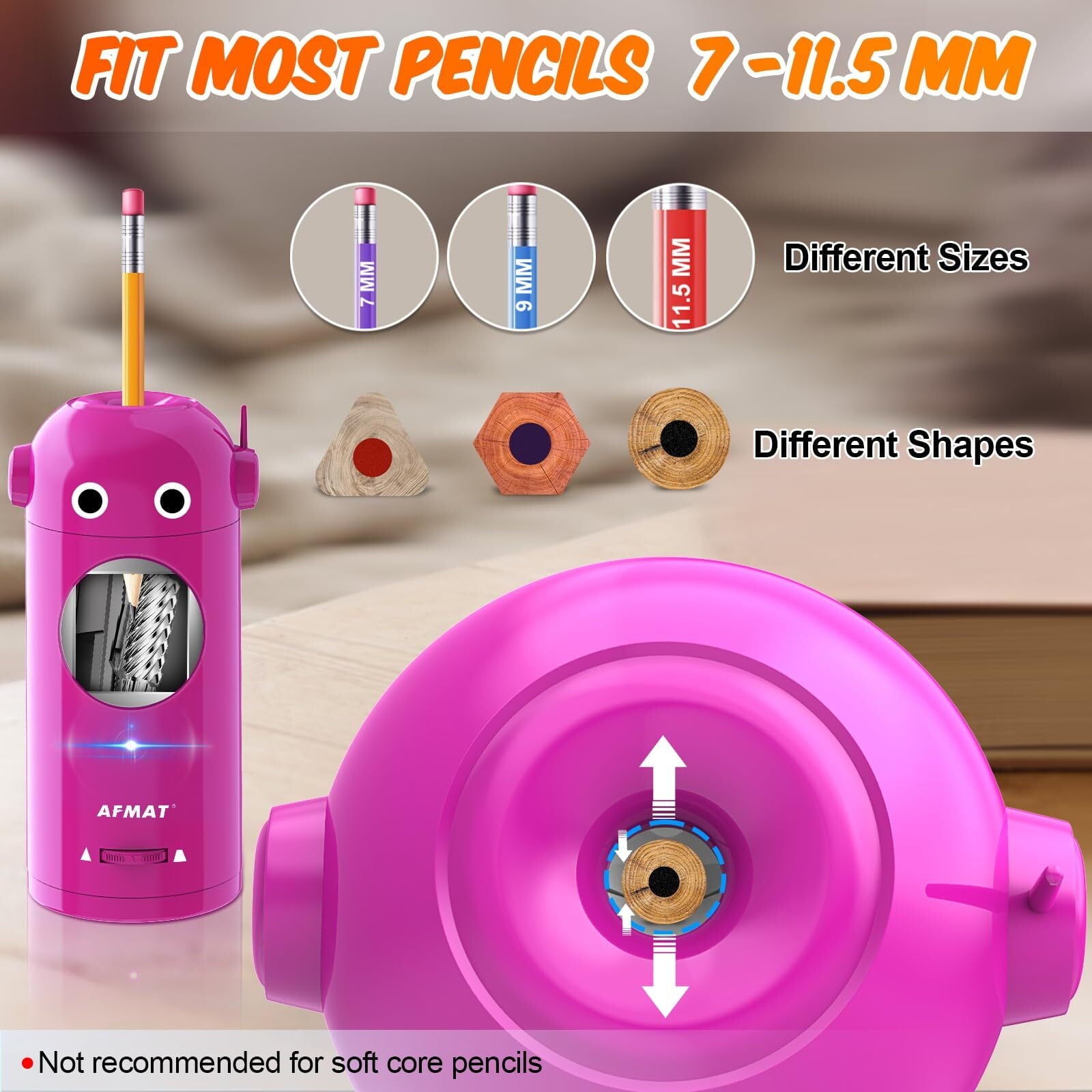 AFMAT Electric Pencil Sharpener,Auto in & Out, Fully Automatic Rechargeable Hands-Free Pencil Sharpener, New,Purple,7.9"H