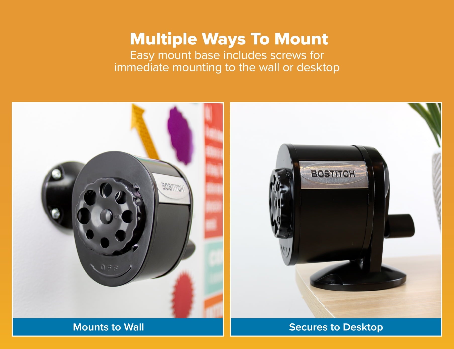 Bostitch Metal Manual Pencil Sharpener, Hand Crank, Fits 8 Pencil Sizes, Black