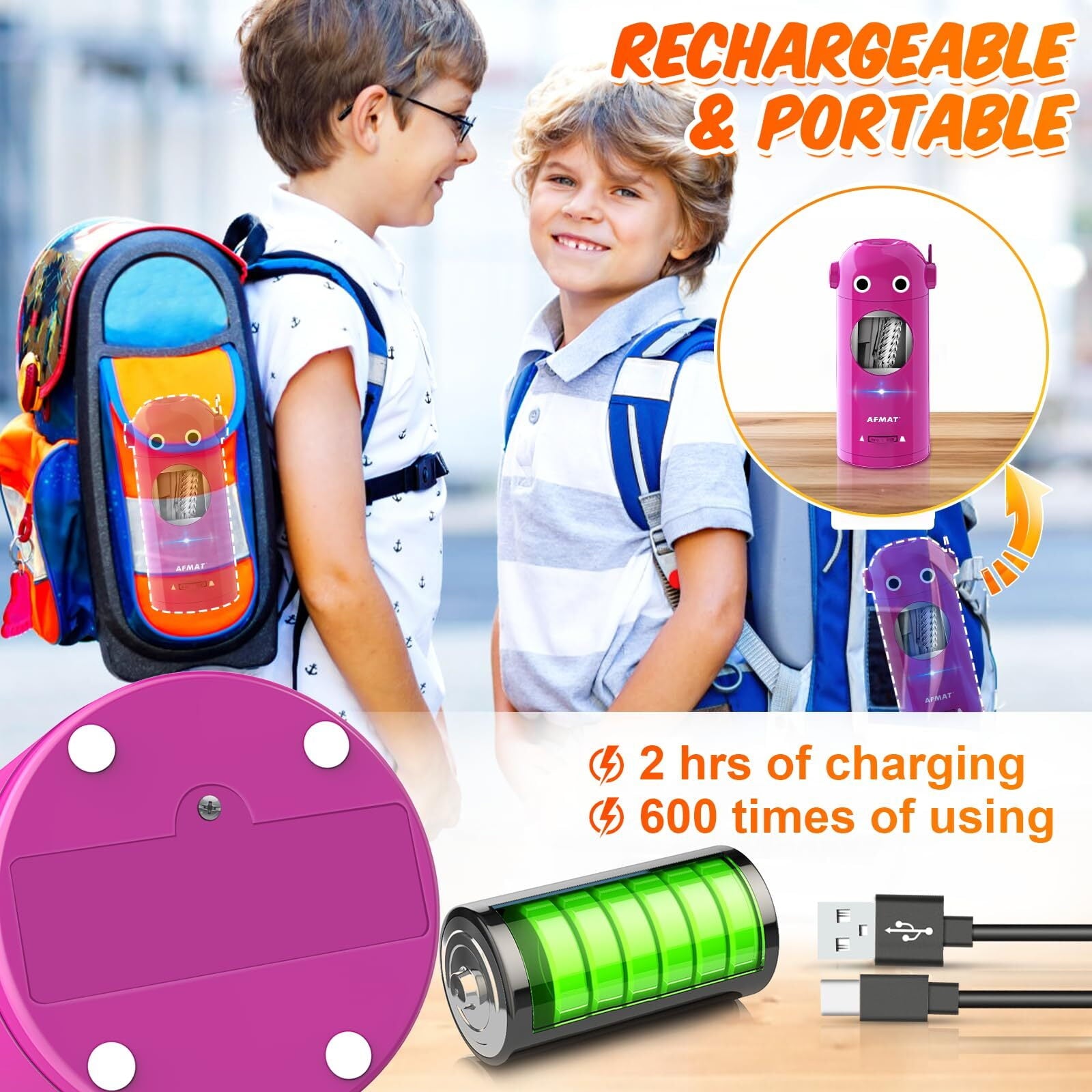 AFMAT Electric Pencil Sharpener,Auto in & Out, Fully Automatic Rechargeable Hands-Free Pencil Sharpener, New,Purple,7.9"H