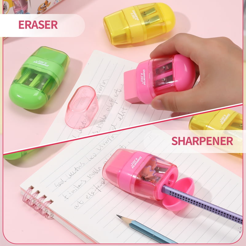 AOWOO 12 Pcs Manual Pencil Sharpener with Lid & Eraser, Double Hole Multicolored Handheld Sharpener with Fun Stationery Back to School Supplies, Classroom Rewards, and Birthday Party Favors