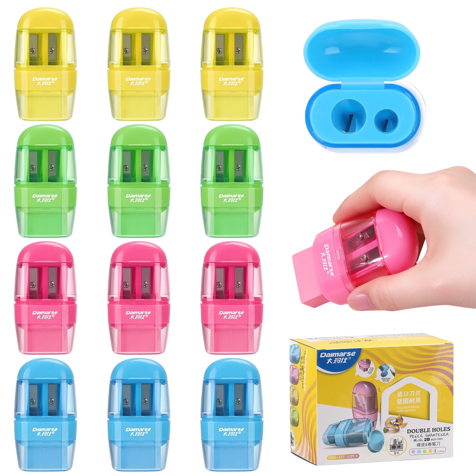 AOWOO 12 Pcs Manual Pencil Sharpener with Lid & Eraser, Double Hole Multicolored Handheld Sharpener with Fun Stationery Back to School Supplies, Classroom Rewards, and Birthday Party Favors