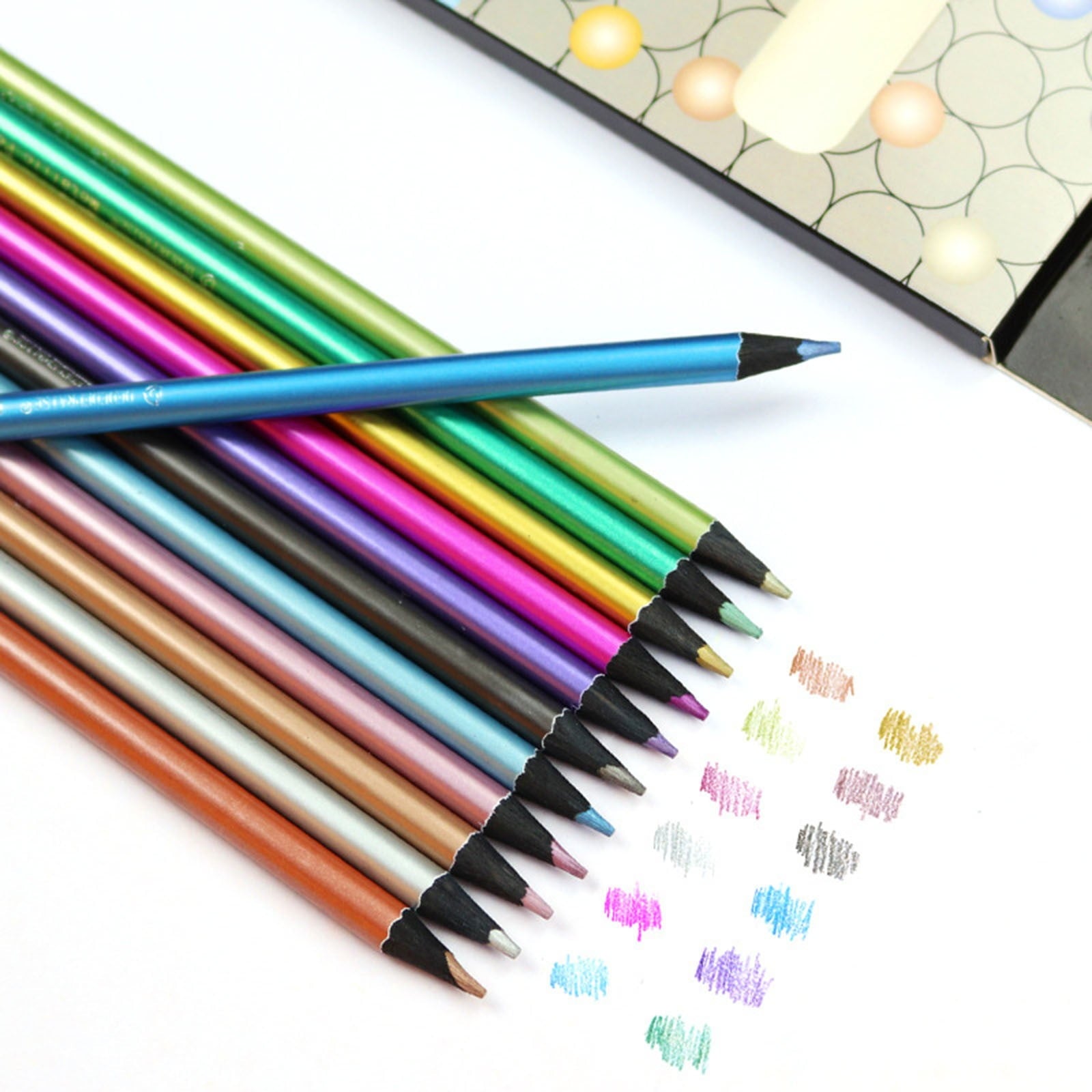 AQITTI Stationery 12X Metallic Colored Pencils 12 Color Soft Core Art Coloring Drawing Pencils for Adult Coloring Book Sketch Crafting Projects Learning tools