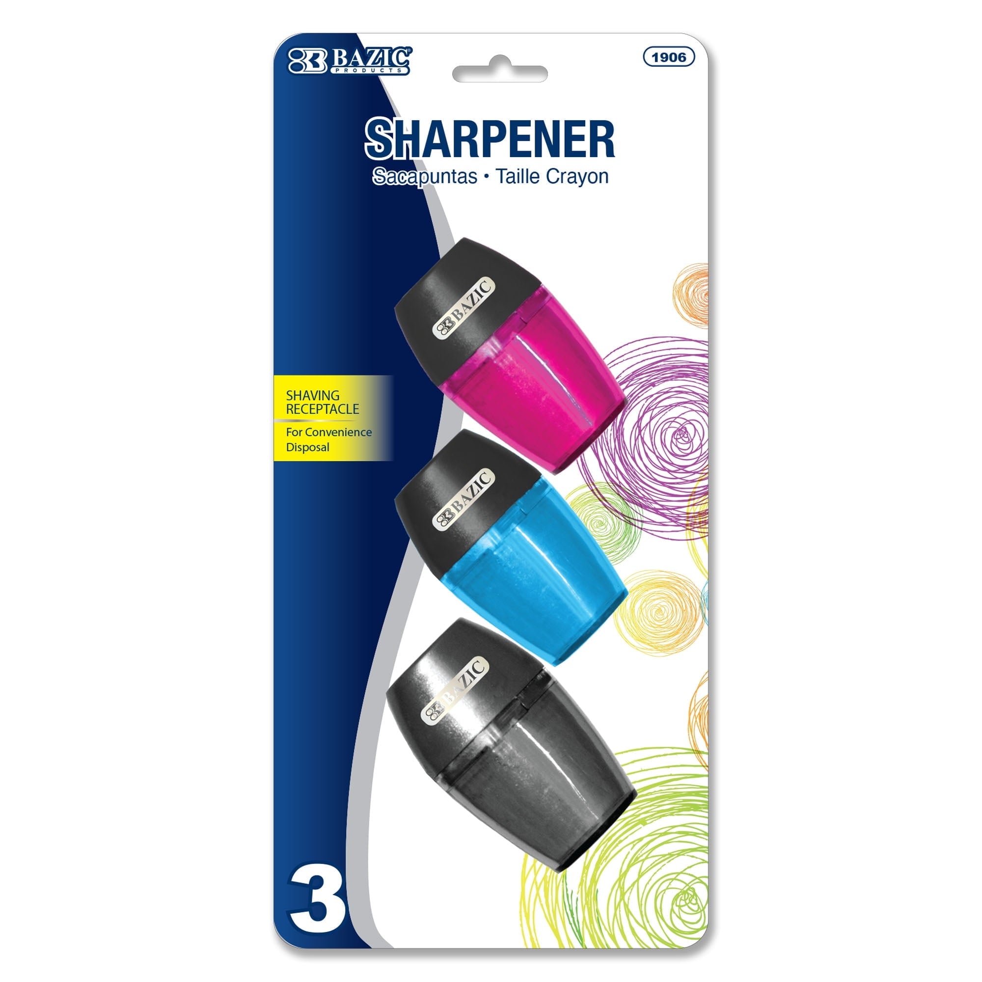 BAZIC Pencil Sharpener Single Hole Blade w/ Receptacle, (3/Pack), 1-Pack