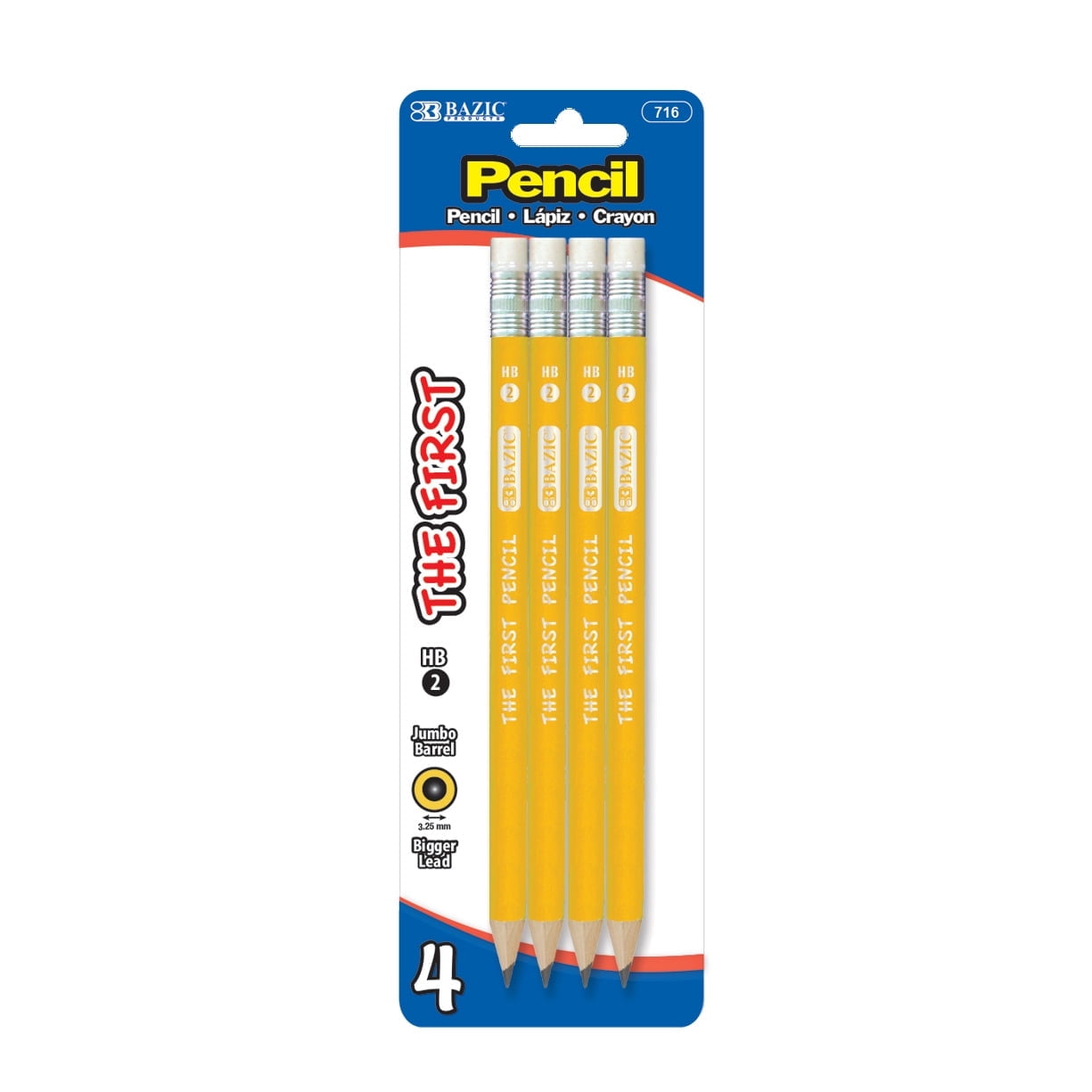 BAZIC Pre-Sharpened #2 HB Jumbo Pencils, Latex Free Eraser, (4/Pack), 1-Pack