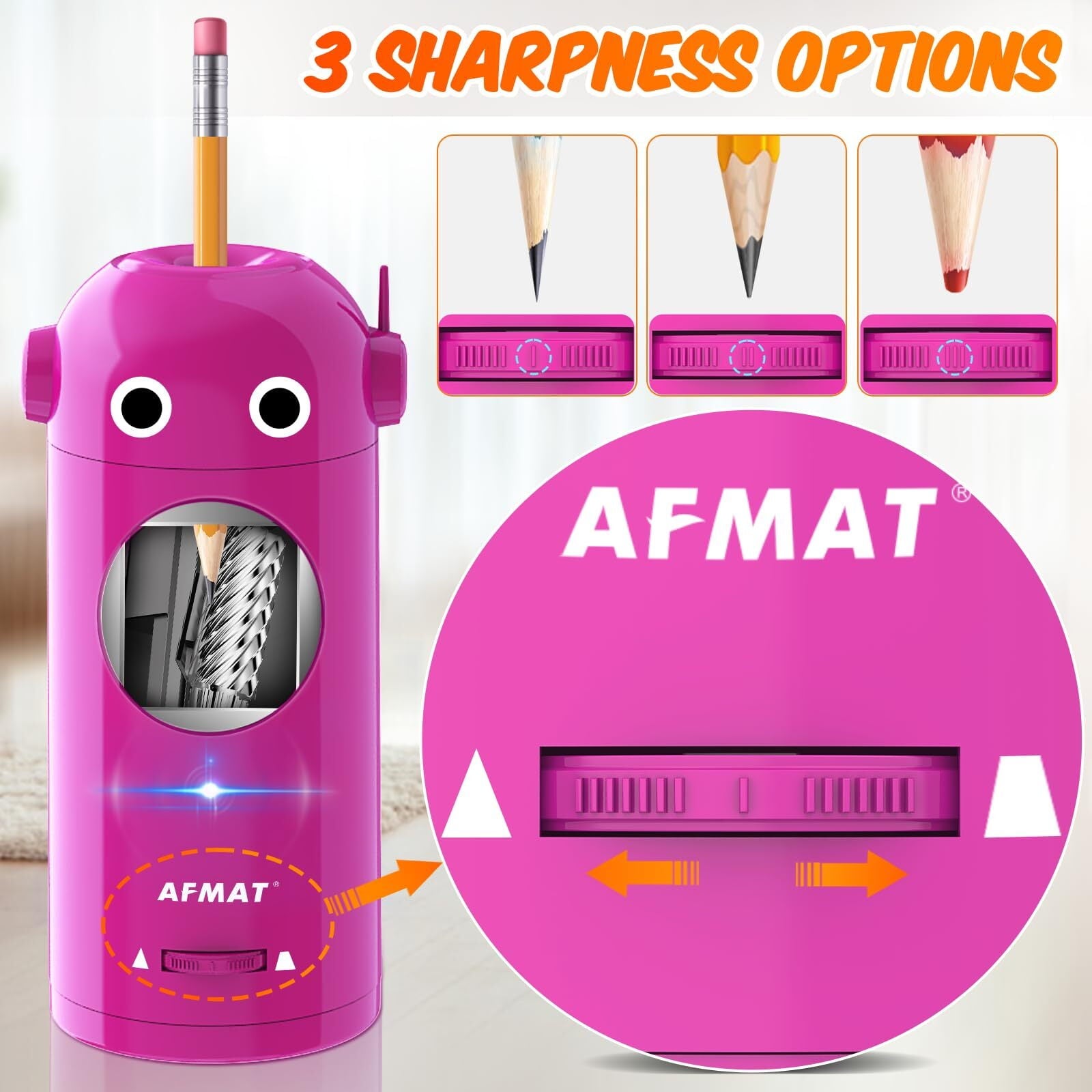 AFMAT Electric Pencil Sharpener,Auto in & Out, Fully Automatic Rechargeable Hands-Free Pencil Sharpener, New,Purple,7.9"H