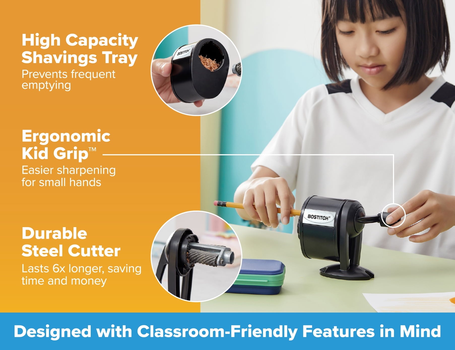 Bostitch Metal Manual Pencil Sharpener, Hand Crank, Fits 8 Pencil Sizes, Black