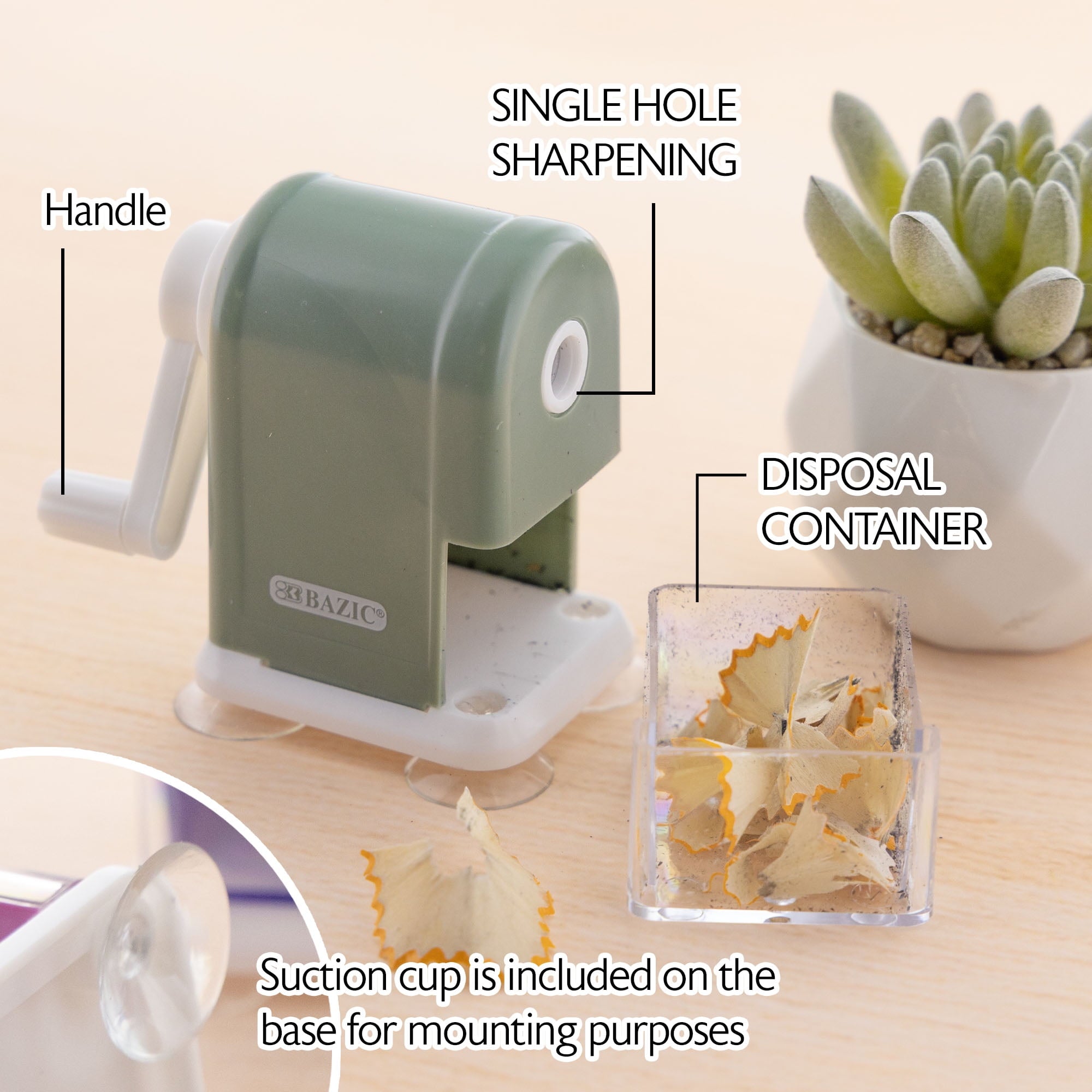 BAZIC Desktop Pencil Sharpener w/ Suction Cup Base, 6-Pack