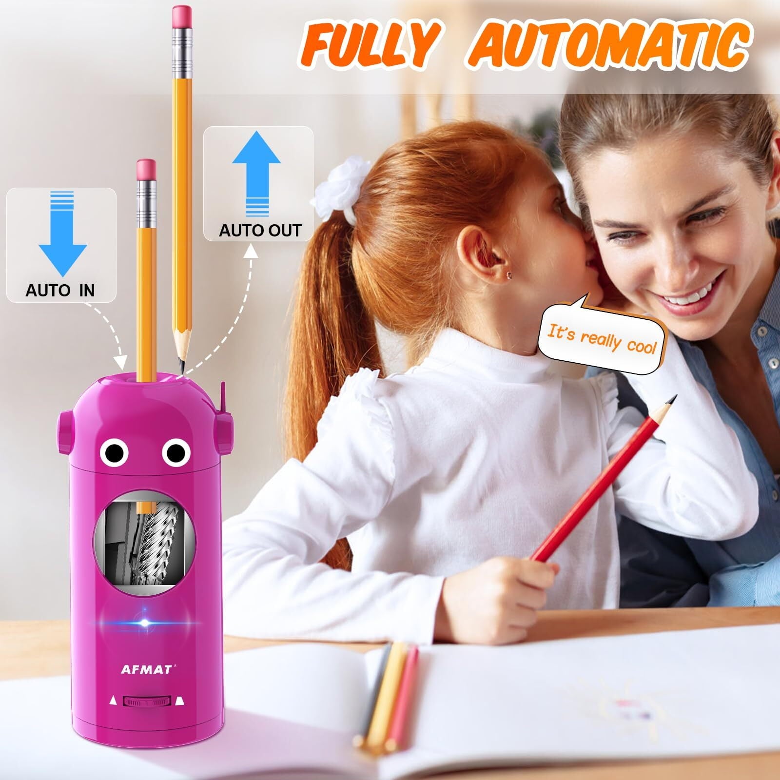 AFMAT Electric Pencil Sharpener,Auto in & Out, Fully Automatic Rechargeable Hands-Free Pencil Sharpener, New,Purple,7.9"H