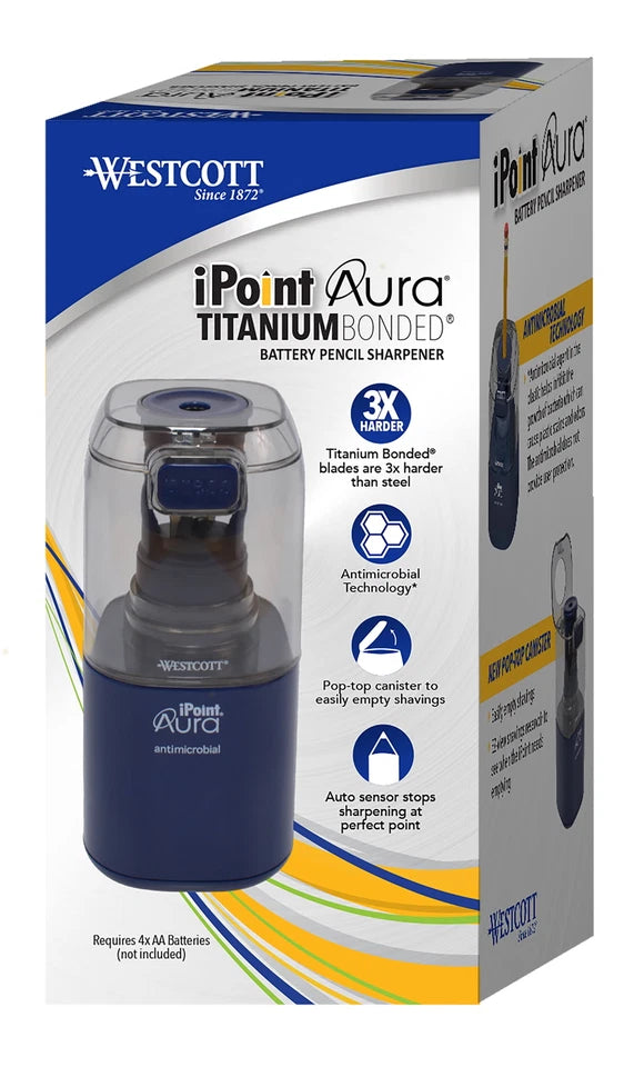Battery Pencil Sharpener, Titanium, Anti-Microbial, Office, Blue, 1-Count