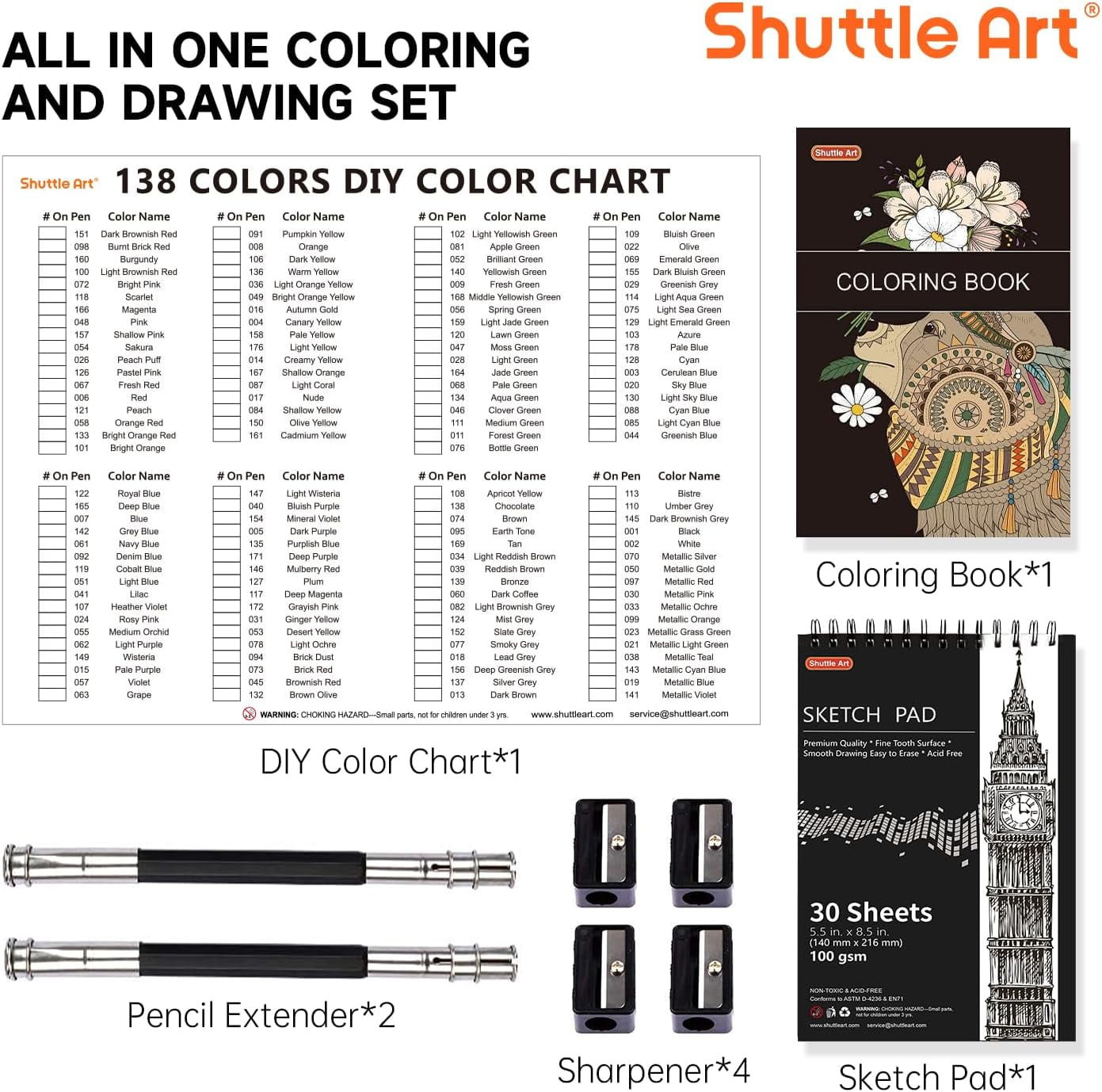 138 Colors Professional Colored Pencils, Shuttle Art Soft Core Coloring Pencils Set with 1 Coloring Book,1 Sketch Pad, 4 Sharpener, 2 Pencil Extender, for Artists Kids Adults Coloring