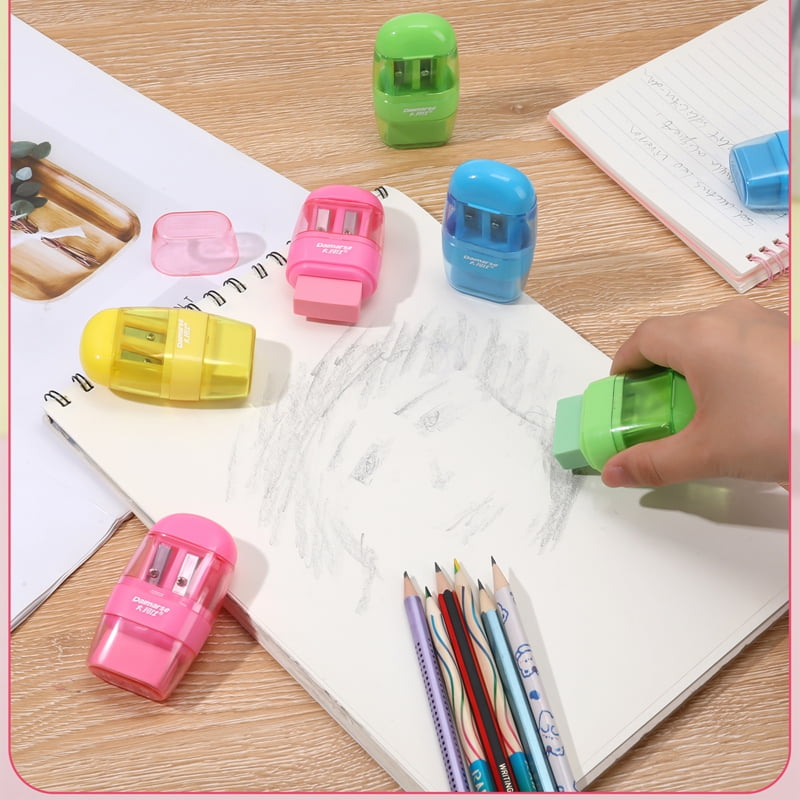 AOWOO 12 Pcs Manual Pencil Sharpener with Lid & Eraser, Double Hole Multicolored Handheld Sharpener with Fun Stationery Back to School Supplies, Classroom Rewards, and Birthday Party Favors
